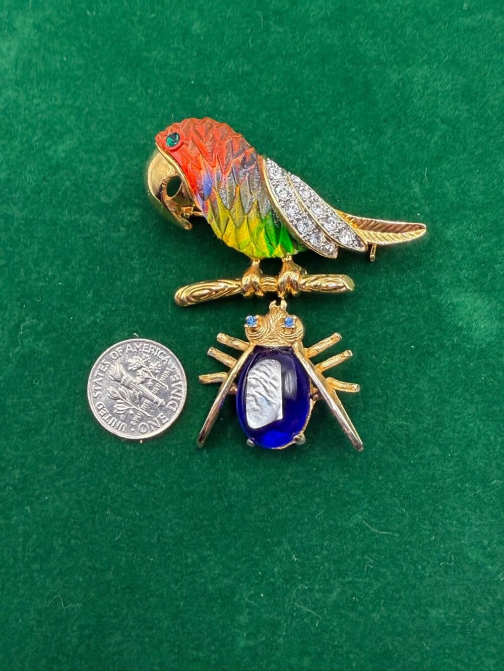 Vintage Rainbow Parrot and Blue Insect Brooches Bundle